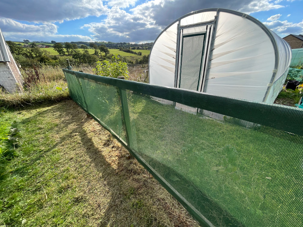 Olive green windbreak netting fixed to allotment fence