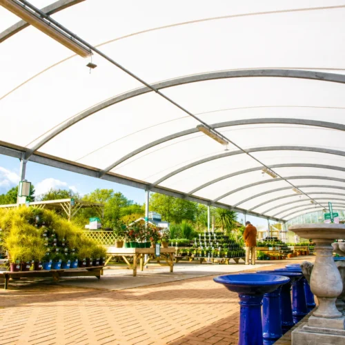 Bespoke retail canopy providing all-weather covered display space at a garden centre