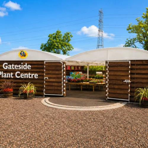 Bespoke garden centre canopy with timber-clad frontage creating a covered retail and display space