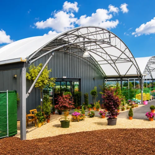 Bespoke garden centre entrance canopy creating a welcoming all-weather customer experience