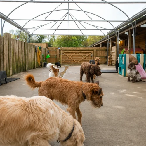 Bespoke dog daycare canopy creating a weather-protected outdoor exercise and play area