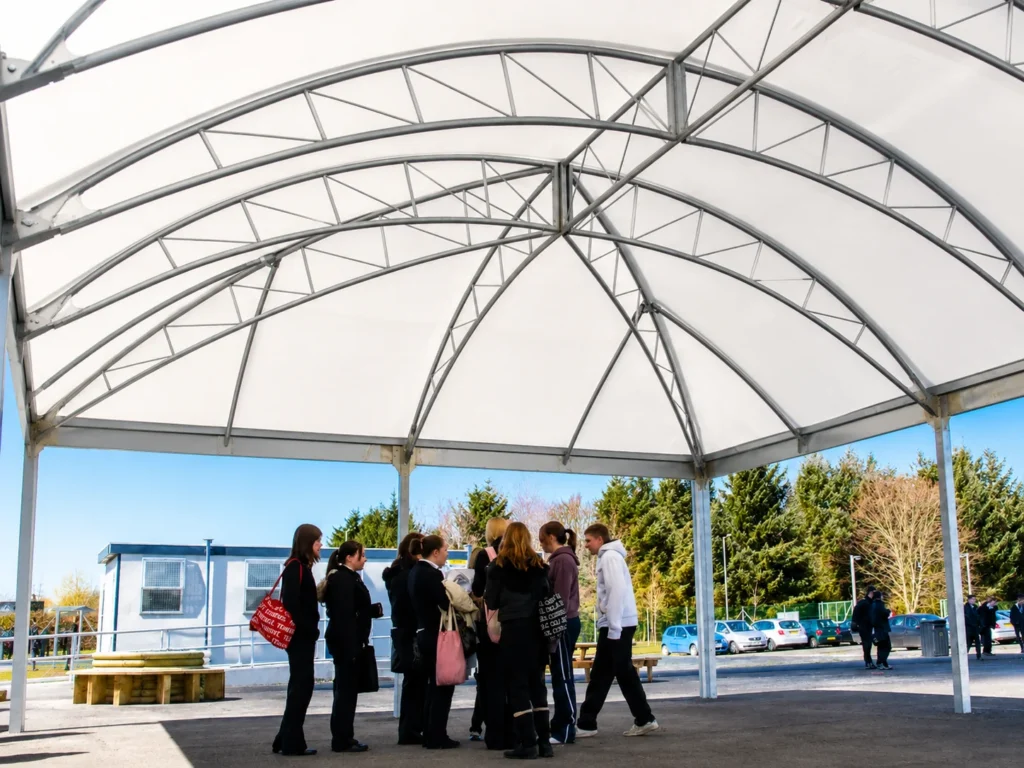 Perth Grammar School 1 Large-span school canopy providing covered outdoor space for students during breaks and social activities